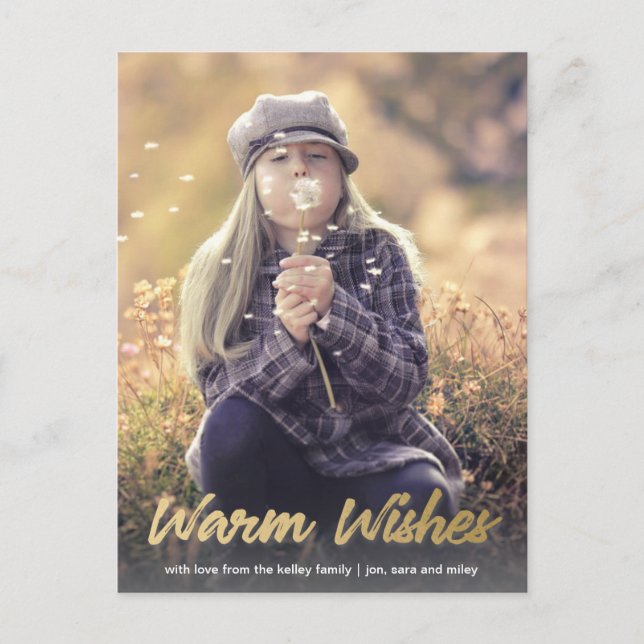 Warme wünscht ein vertikales Gold Script-Foto für  Postkarte (Vorderseite)