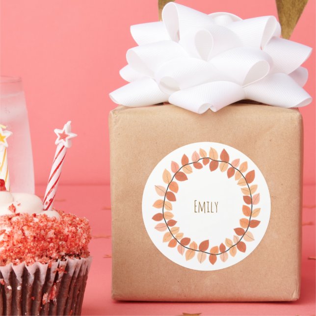 Warmer Herbst-Blattkranz-Name-Design Runder Aufkleber (Party)