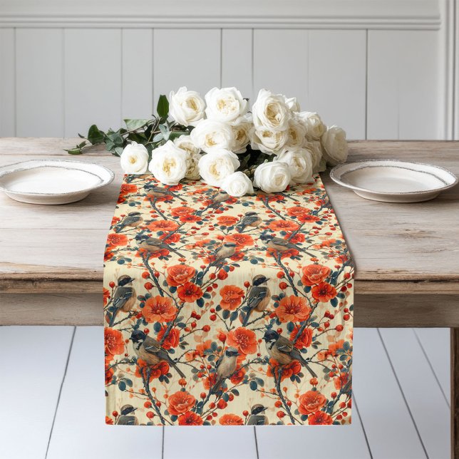 Warmer Herbsttisch-Läufer mit Vögeln Rustikale Flo Großer Tischläufer (Warm Autumn Table Runner with Birds Rustic Florals)