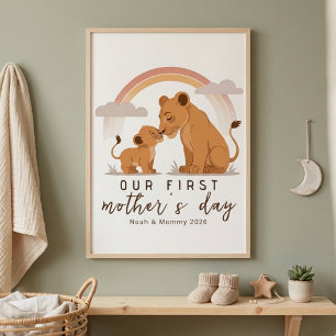 Warmer Löwen-Mama-Baby-Erster Muttertag Ruhige Lie Poster