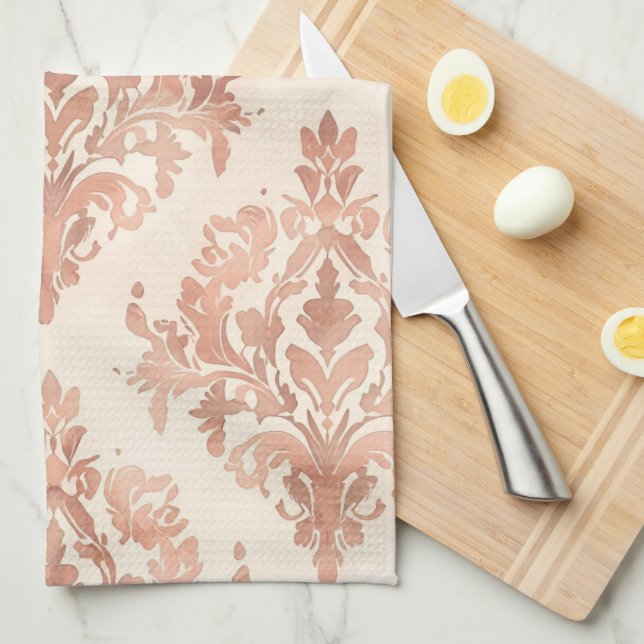 Warmer Pfirsich-Damask Wasserfarbe Ornamental Must Geschirrtuch (Viertel Falte)