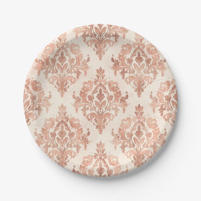 Warmer Pfirsich-Damask-Wasserfarben-Ornamentmuster Pappteller (Vorderseite)