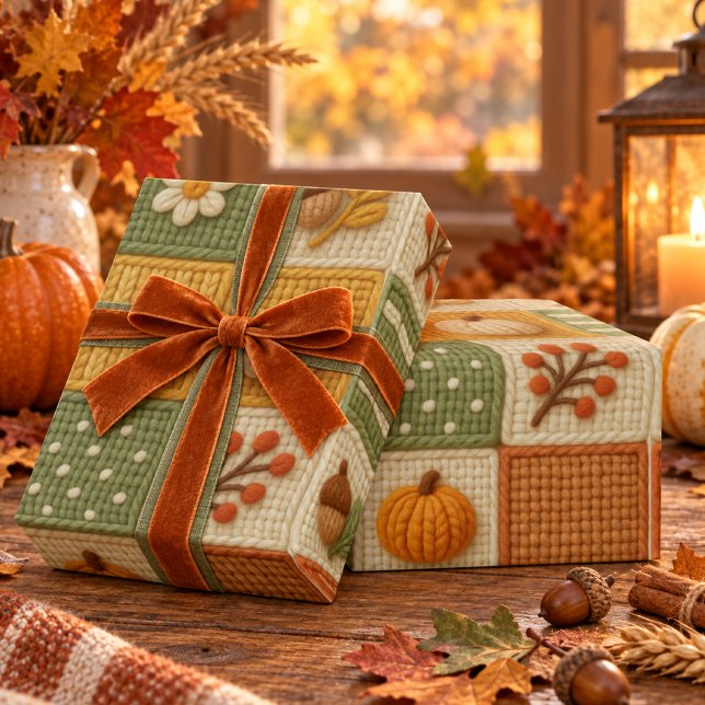 Warmer rustikaler Herbst-Patchwork-Kürbis-Orange Geschenkpapier (Von Creator hochgeladen)