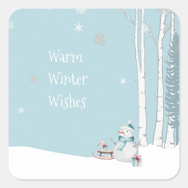 Warmer Winter wünscht Schneemann mit Schlittenschn Quadratischer Aufkleber (Vorderseite)