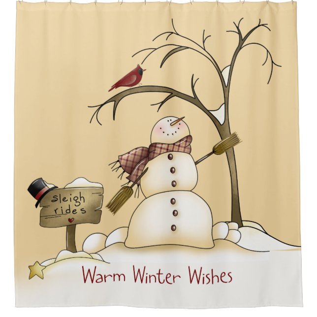 Warmer Winter wünscht Snowman Red Bird Schlittenfa Duschvorhang (Vorderseite)