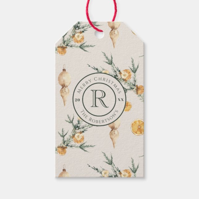 Warmer Wintergarten: Chic Watercolor Mit Monogramm Geschenkanhänger (Vorderseite)