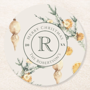 Warmer Wintergarten: Chic Watercolor Mit Monogramm Runder Pappuntersetzer