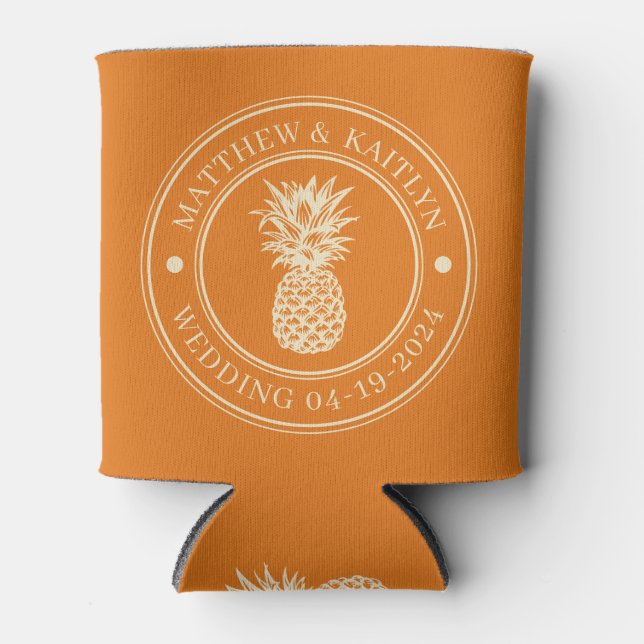 Warmer Zitrus-Ananas-Hochzeitswappen & Namen Dosenkühler (Vorderseite)