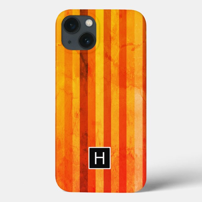 Warmes, gewittertes Orange Red Stripes Monogramm Case-Mate iPhone Hülle (Rückseite)