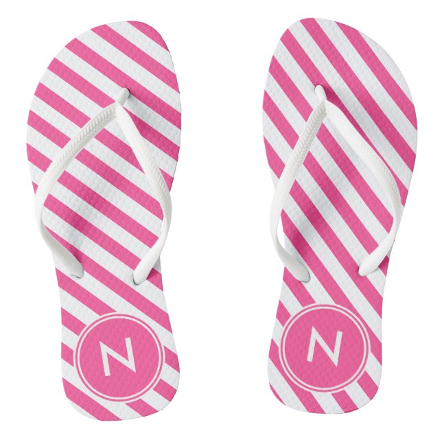 Warmes Rosa und Weiß Streifen und Mit Monogramm Flip Flops (Fußbett)