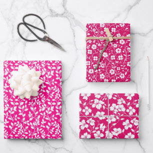 Warmes rosa und weißes Blumenmuster Geschenkpapier Set