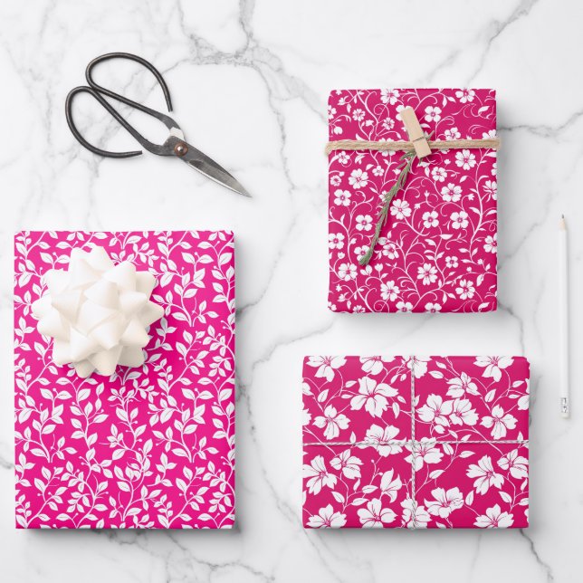 Warmes rosa und weißes Blumenmuster Geschenkpapier Set (Vorderseite)