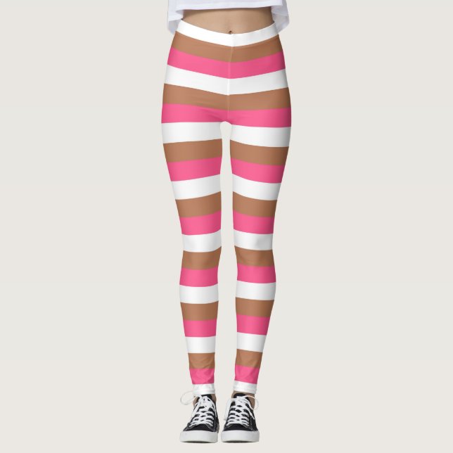 Warmes Rosa, weiße und braune Streifen Leggings (Vorderseite)