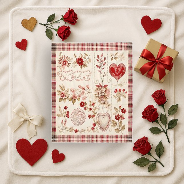Warmes rotes Vintage-Blumen-Herz-Patchwork Fleecedecke (Von Creator hochgeladen)