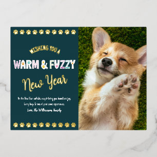 Warmes und flauschiges Haustier Neujahrsfoto Teal Folien Feiertagspostkarte