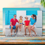 Warmest Wishes Multi Photo Christmas Feiertagskarte<br><div class="desc">Share your favorite vacation or family photos with Warmest Wishes - or your greeting - in chic white lettering on the front and a tropical beach sand and sea image on the back with a second photo. Select Matte for heaviest paper and high definition for best print quality.</div>