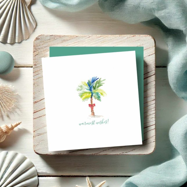 Warmest wünscht Mini Weihnachtsbaum Mitteilungskarte (Tropical watercolor Christmas cards feature palm tree and red ribbon art by Victoria Grigaliunas)