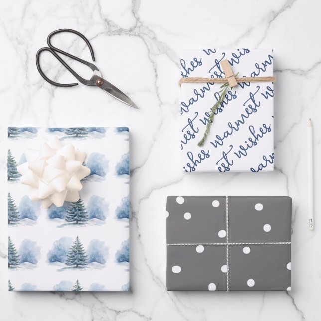 Warmste Wünsche Schnee bedeckt Evergreen Tree Geschenkpapier Set (Vorderseite)
