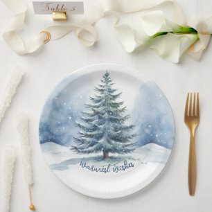 Warmste Wünsche Schnee bedeckt Evergreen Tree Pappteller