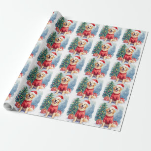 Warmwasser-Aquarell-Golden-Retriever-Weihnachtsbau Geschenkpapier