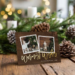 Warmwünscht Rustikales Gold Script-Foto Folien Feiertagskarte<br><div class="desc">Grußkarten mit einfachen Vorlagen zum Anpassen von Fotos, die erschwinglich und individuell bedruckt sind. Dieses rustikale Design verfügt über eine 2-Fotovorlage mit echtem Goldfolienskript-Text auf einem holzaussehenden Hintergrund. Personalisieren Sie es mit Ihren Fotos, Familiennamen, dem Jahr oder anderen benutzerdefinierten Texten. Die Rückseite hat Platz für zusätzliche Fotos und Texte. Verwenden...</div>
