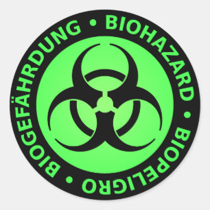 Warnhinweis für grüne dreisprachige Biogefährdu Runder Aufkleber