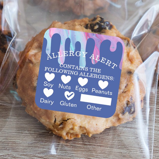 Warnhinweis zur Lebensmittelsicherheit Rosa Spiege Quadratischer Aufkleber (Food Safety Allergy Alert Pink Mirror Glaze Drip Square Sticker)