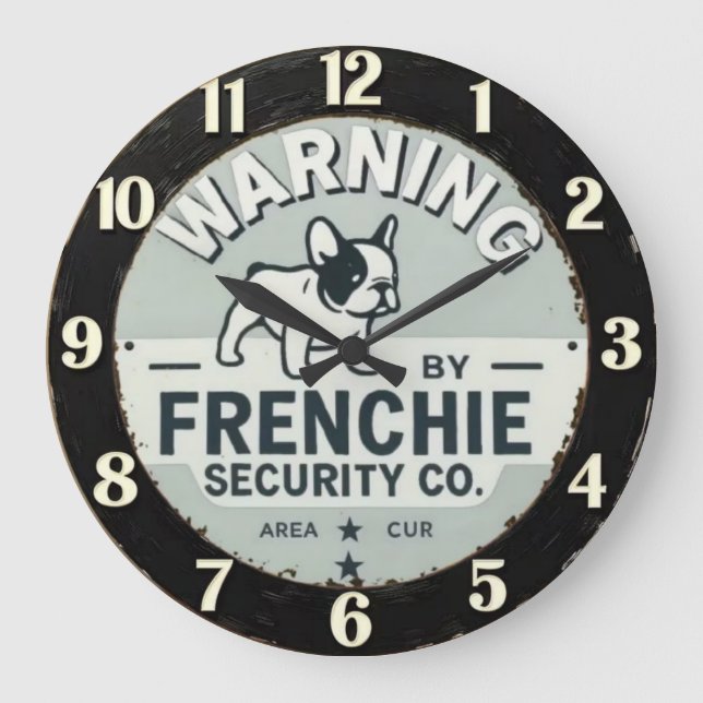 Warning French Security French Bulldog Große Wanduhr (Vorderseite)