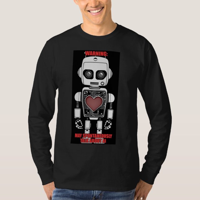 Warning: May Talk About AI Men's Black Long Sleeve T-Shirt (Vorderseite)