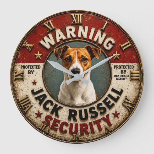 Warning Protected by Jack Russell Security Funny  Große Wanduhr (Vorderseite)