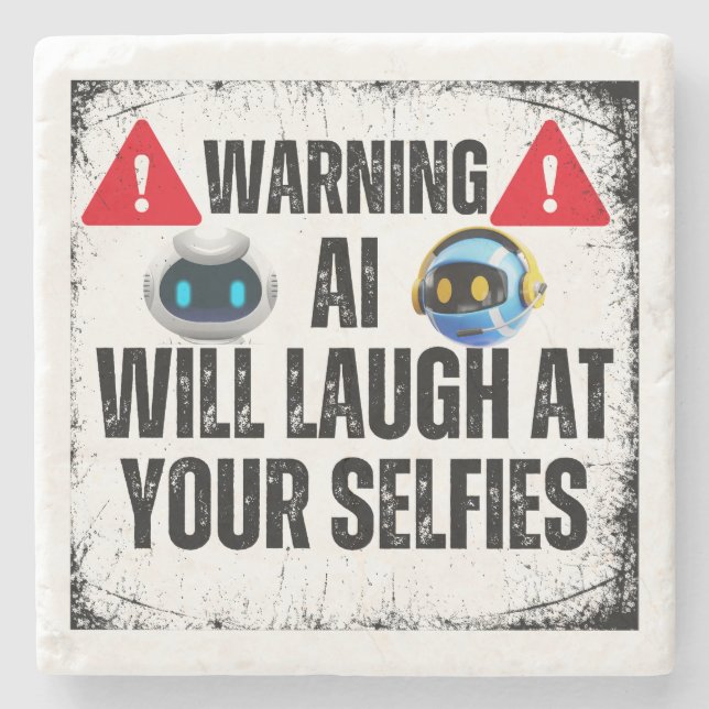 Warnung: AI lacht über Ihre Selfids.w Steinuntersetzer (Vorderseite)
