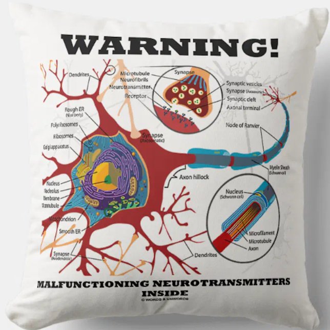 Warnung! Fehlende Neurotransmitter im Inneren Kissen (Throw pillow featuring neuron/synapse along with the funny biopsychology saying)