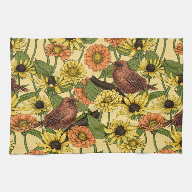 Warnzeichen und Blume, blassgelb Geschirrtuch (Horizontal)