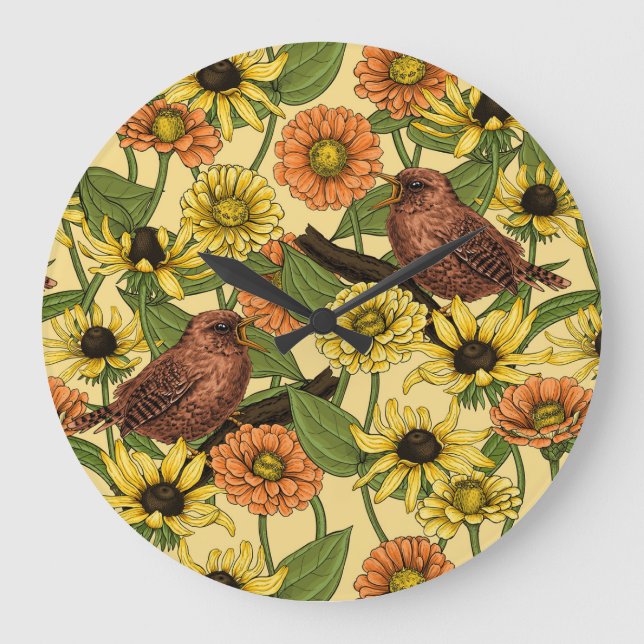Warnzeichen und Blume, blassgelb Große Wanduhr (Vorderseite)
