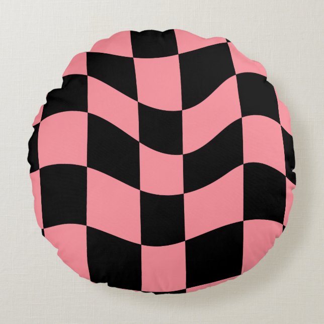 Warped Checkerboard Throw Pillow - Trippy Pink and Rundes Kissen (Vorderseite)
