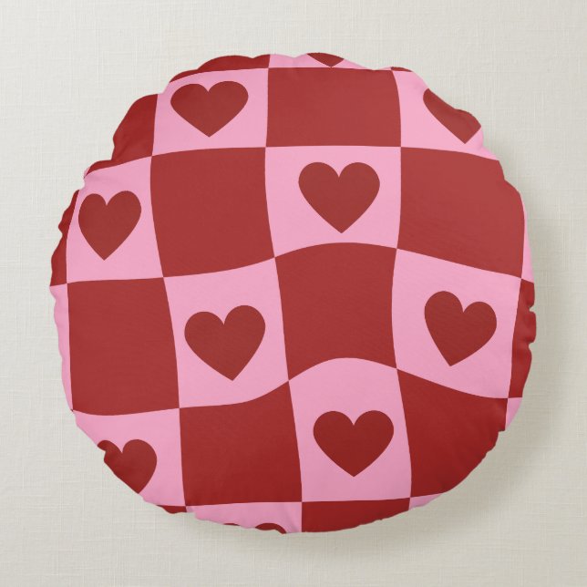 Warped Crimson Pink Checkerboard Pillow Rundes Kissen (Vorderseite)
