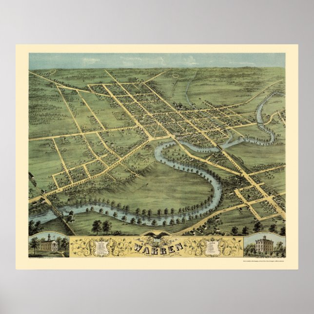 Warren, OH Panoramakarte - 1870 Poster (Vorne)