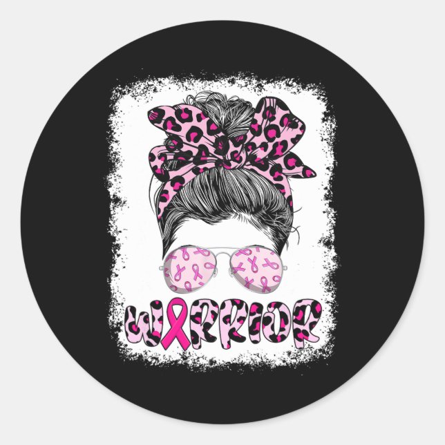 Warrior Messy Bun Leopard Brustkrebs Bewusstsein Runder Aufkleber (Vorderseite)