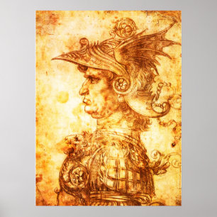 WARRIOR PROFILE IN DRAGON HELMET Sepia Zeichnend Poster