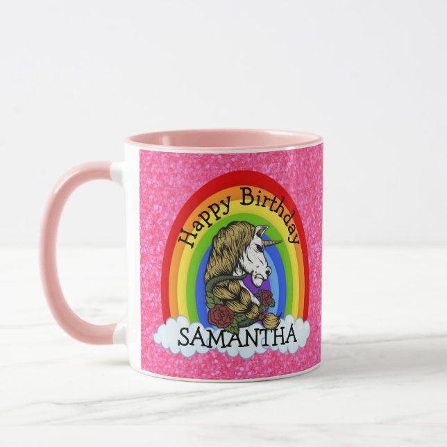 Warrior Unicorn Happy BIRTHDAY Pink Glitzer Tasse (Links)