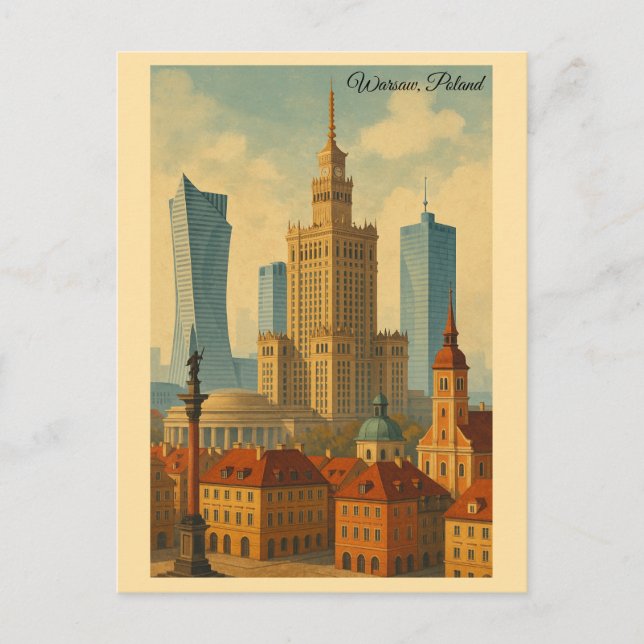 Warsaw Poland Vintage Travel Art Postkarte (Vorderseite)