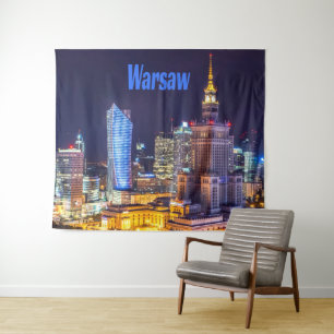 Warschau Polen Night Skyline Warsaw Spire Wandteppich