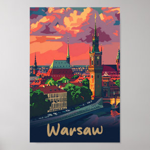 Warschau Polen Vintag Retro Travel Illustration Poster