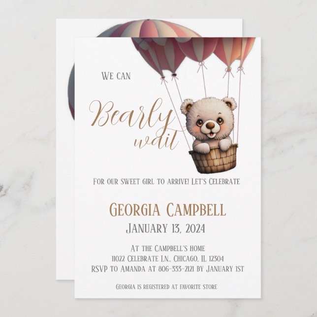 Warte heiße Luft Ballon Mädchen Dusche Einladung (Vorne/Hinten)