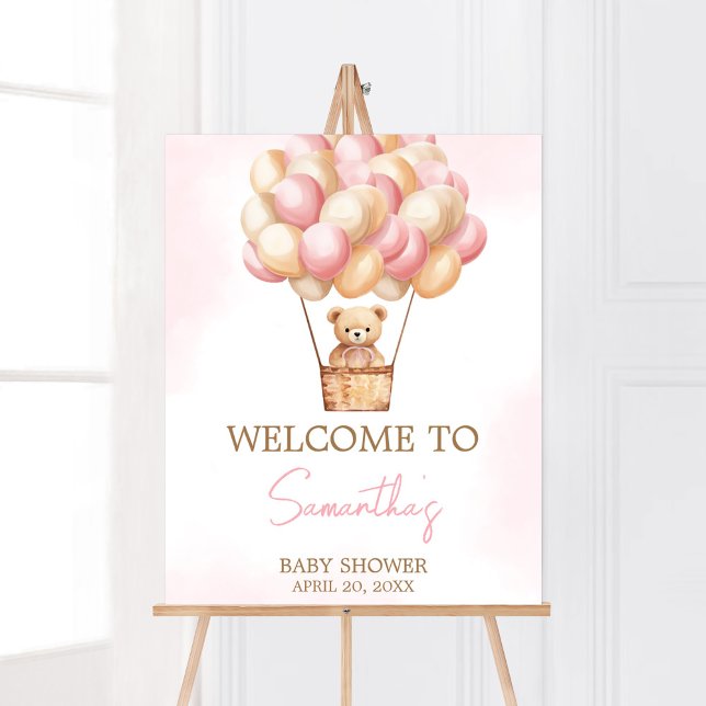 Warte Pink Hot Air Ballon Baby Willkommen Poster (Girl Baby Bear Balloons Baby Shower Welcome Sign)