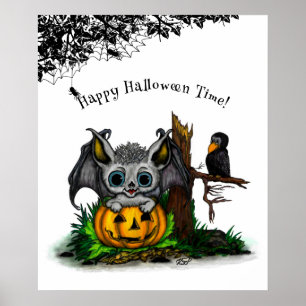 Warten auf Halloween, süße Fledermaus und Rabe Poster