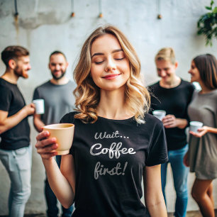 Warten Sie Kaffee zuerst   Witziges Zitat mit weiß T-Shirt