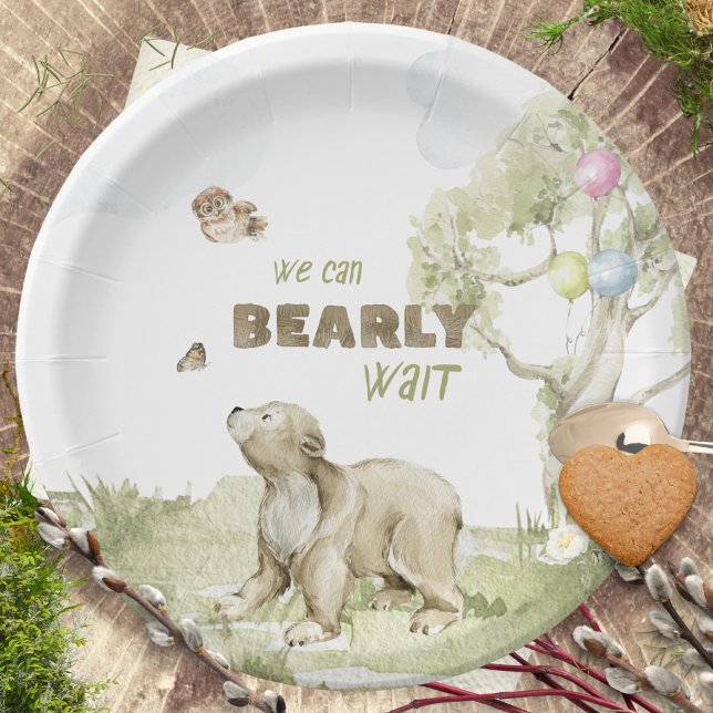 Warten Sie Niedlich Bear Watercolor Babydusche Pappteller (Watercolor Woodland Bearly Wait Baby Shower Paper Plates ©Susanne Sachers - Sunny Mind Design 🌞)