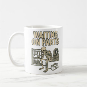 Wartend auf Teile Skelett Garage Mechaniker Auto Kaffeetasse