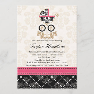 WARTEPINK SCHWARZ DAMASK BABY CARRIAGE BABY SHOWER EINLADUNG